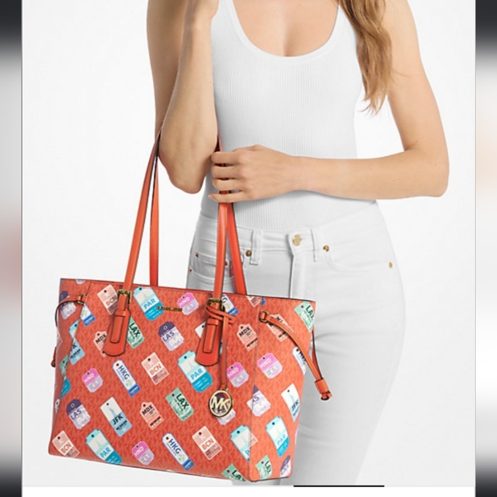 Michael Kors Orange Voyager Printed Logo Tote with Multicolor Tag Motif